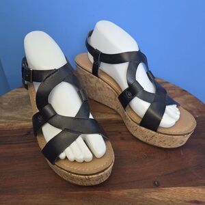 G.H. Bass & Co Garland Black Leather Wedge Cork Heel Sandals Womens 8M